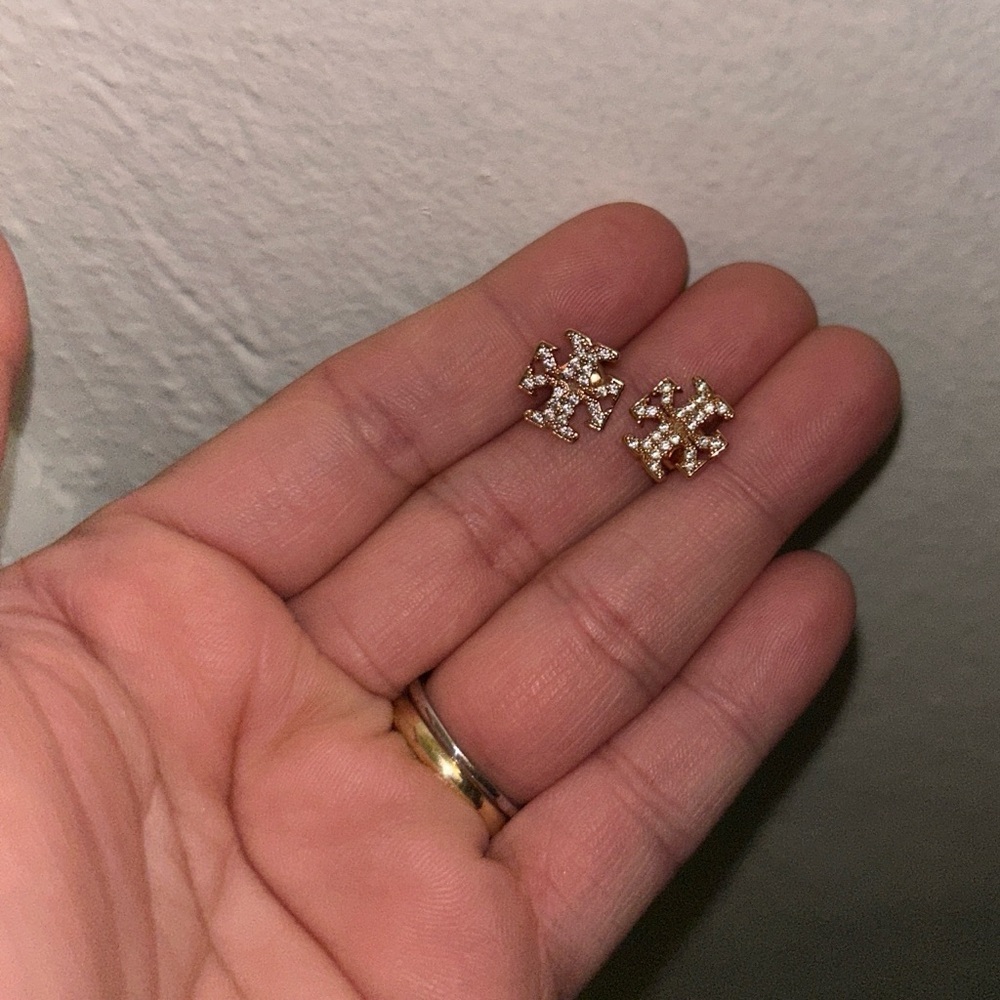 Tory Burch Rose Gold Cross Stud Earrings - Picture 1 of 2